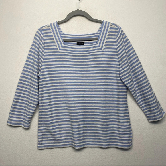 Talbots Petites LP PL Stripe Square Neck Blouse Blue White Nautical Shirt - Picture 1 of 5